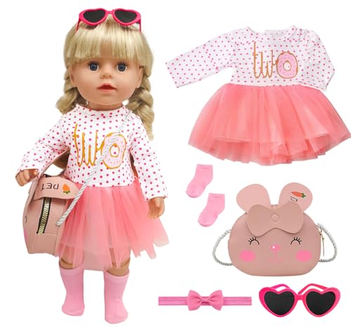 WanderGo Puppenkleidung 43 cm Puppen Kleidung Puppenkleider Babypuppenkleidung für 14-18 Zoll Baby Puppen mit Socken Sonnenbrille Haarband und Süße Handtasche (ohne Puppe) von WanderGo
