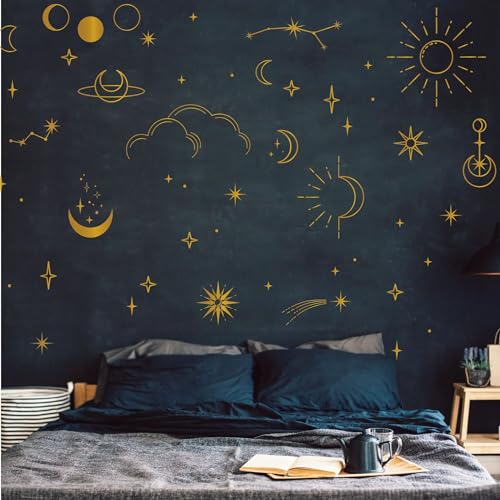 Wandsticker Aufkleber Sternenhimmel Set gold silber kupfer Wandaufkleber Dekosterne Mond Sonne Sternbild von Wandtattoo Loft