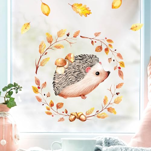 Wandtattoo Loft Fensterbild Herbst Igel mit Pilzen und Blätterkranz wiederverwendbare Fensteraufkleber Kinderzimmer, 2. A3 Bogen von Wandtattoo Loft