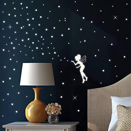 Wandtattoo Loft Leuchtsterne Kinderzimmer, Elfe mit Sternen und Punkten, 131 Stück, selbstklebende und fluoreszierende Lichtersterne, Nachtsterne, Leuchtende Sterne Aufkleber, Leuchtesterne Wand von Wandtattoo Loft