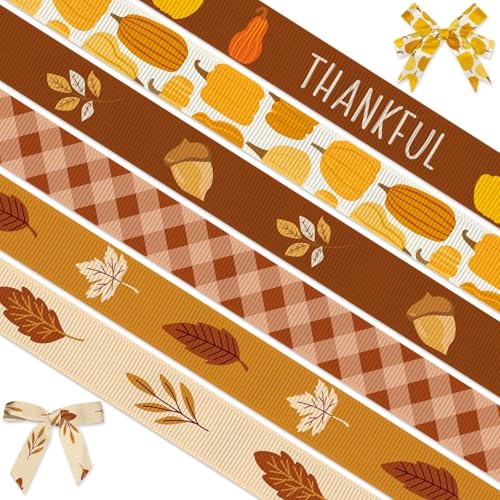 Wangdaqi 6 Rollen 27,7 m Herbstbänder, 0,95 cm Ripsband, braunes Karo, orangefarbener Kürbis, Tannenzapfen, Ahornernte, Geschenkverpackungsbänder für Herbstpartys, Partyzubehör von Wangdaqi