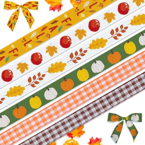 Wangdaqi 6 Stück 0,95 cm Herbst-Thanksgiving-Bänder – Kürbisblätter, Büffelkaro, Ripsband, 4,5 m – Herbst-Party-Dekoration, Geschenkverpackung, Bastelbedarf von Wangdaqi