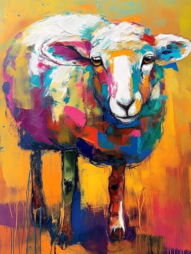 Abstrakt Schaf Malen Nach Zahlen Kinder, Bastelset Erwachsene Frauen Paint by Numbers, DIY Faltenfreie Leinwand, mit Pinseln und Acrylpigment-Kunstwerk Set, Zimmer Deko Mädchen Geschenk 50x70cm W-598 von Wangdoud