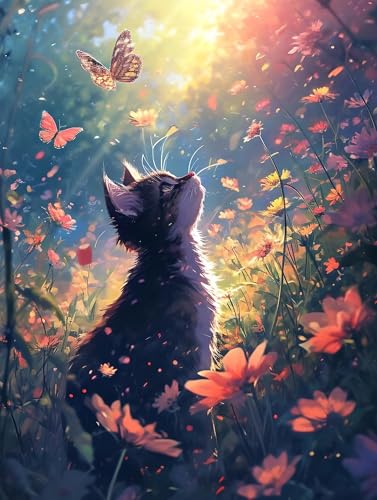 Blume Katze Malen Nach Zahlen Kinder, Bastelset Erwachsene Frauen Paint by Numbers, Faltenfreie Leinwand, mit Pinseln und Acrylpigment-Kunstwerk Set, Zimmer Deko Kreativ Geschenk Mädchen 20x30cm W-716 von Wangdoud