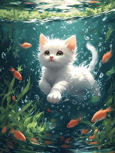 Katze Fisch Malen Nach Zahlen Kinder, Bastelset Erwachsene Frauen Paint by Numbers, Faltenfreie Leinwand, mit Pinseln und Acrylpigment-Kunstwerk Set, Zimmer Deko Kreativ Geschenk Mädchen 20x30cm W-777 von Wangdoud