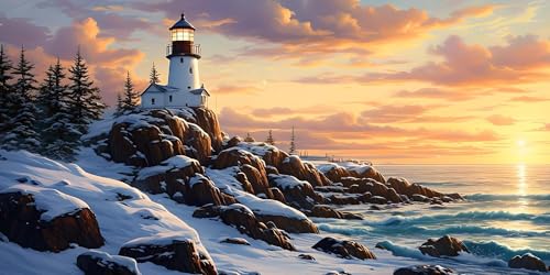 Malen Nach Zahlen Leuchtturm Sonnenuntergang, Groß Malen Nach Zahlen Erwachsene, DIY Kinder Handgemalt öLgemäLde Kit, mit Pinseln und Acrylpigment-Kunstwerk Set, Home Decor Ohne Rahmen 50x100cm L-496 von Wangdoud