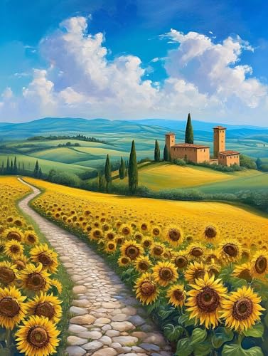 Sonnenblume Landschaft Malen Nach Zahlen Kinder, Bastelset Erwachsene Frauen Paint by Numbers, DIY Faltenfreie Leinwand, mit Pinseln und Acrylpigment-Kunstwerk Set, Zimmer Deko Geschenk 20x30cm W-912 von Wangdoud
