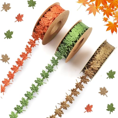Wangyaohan 3 Rollen Herbstbänder zum Basteln, Herbst-Ahornblattband, orange-grün, Thanksgiving-Bastelbänder für Geschenkverpackungen, DIY-Kranz, Blumensträuße, Dekorationen, je 4,5 m von Wangyaohan