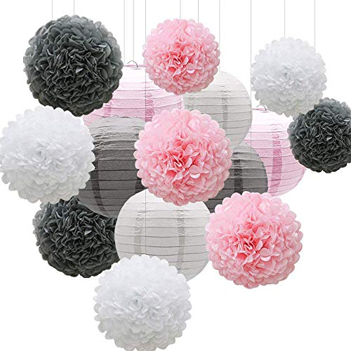 Wankd 15 Stück Set Seidenpapier Pompoms Blumen und Papierlaterne Party, Geburtstag, Weihnachten Baby Duschen und Hochzeit Dekoration Kit. Schöne hängende Papierblumen Pompons. Rosa, Grau und Weiß von Wankd