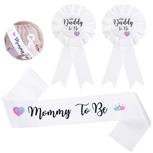 Wanmu 3 x Geschlechtsoffenbarungsdekorationen, Schärpe und Weißblech-Abzeichen, Aufschrift "Mommy to Be and Daddy to Be", Babyparty, Schärpe und werdender Papa, Weißblech-Abzeichen, Dekorationen für von Wanmu