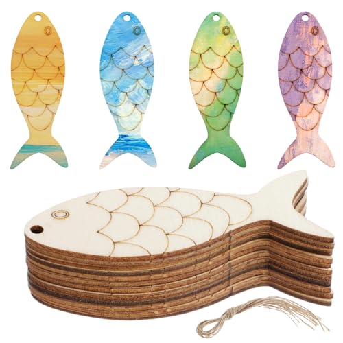 Wanmu 30 Stück Holzausschnitte in Fischform, Einfärbbar Blanker Fischschmuck aus Holz mit Hanfseile, Bemalbares fischförmige Holzausschnitte für DIY Ozean Tier Thematische Party Deko von Wanmu