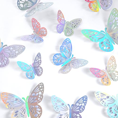 Wanmu 60 Stück Laser Schmetterling Wandaufkleber, 3 Größen Abnehmbare 3D Schmetterlinge Deko, Spiegel Funkeln Hohle Wandtattoo für Kinderzimmer, Hochzeit, Party, Geburtstag von Wanmu