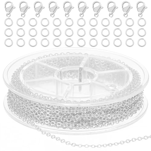 Wanmu Schmuckherstellungsketten, 3 Meter Silber Gliederkette mit 10 Karabinerverschlüssen und 30 Sprung Ringe, Halskette Kabel Kette für DIY Halsketten, Ohrringe, Armbänder, Basteln, Chmuck Wanmu Schmuckherstellungsketten, 3 Meter Silber Gliederkette mit 10 Karabinerverschlüssen und 30 Sprung Ringe, Halskette Kabel Kette für DIY Halsketten, Ohrringe, Armbänder, Basteln, Chmuck von Wanmu