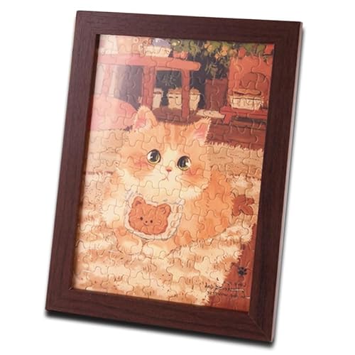 12,4 x 17,5 cm Bilderrahmen mit 108 Teilen Mini-Puzzles für Erwachsene, niedliches orangefarbenes Katzen-Puzzle-Rahmen, Tisch-Display, Holz-Bilderrahmen für Heimdekoration von Wanshui