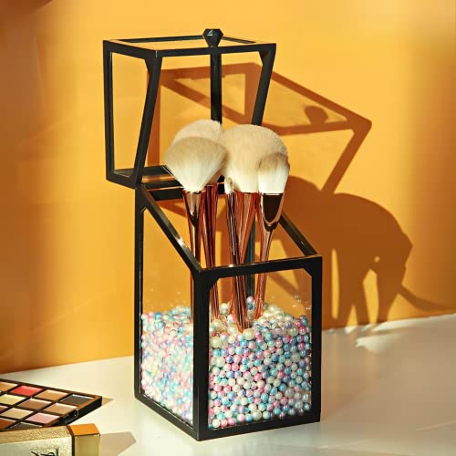 Wanwanzi Make-up-Pinselhalter mit Deckel, Vintage-Glas-Make-up-Pinsel-Organizer mit bunten Perlen für Schminktisch, ideal für Augenbrauenstifte, Eyeliner und mehr (schwarz, quadratisch) von Wanwanzi