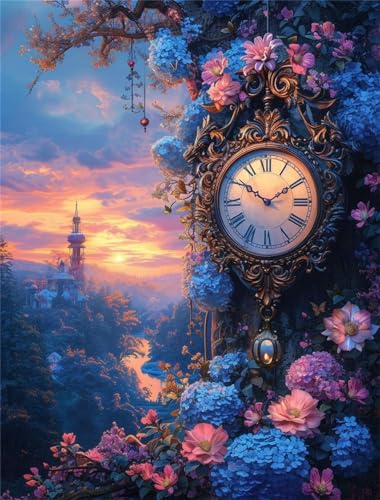 5D Uhr Diamant Painting Bilder, DIY Diamond Painting Kinder Erwachsene Blume Diamond Painting Set, Full Drill Diamond-Painting Kristall Stickerei Kunst Malerei für Wanddeko Wohnzimmer - 60x79cm von Wanziho