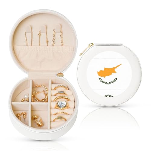 Schmuckschatulle mit Flagge von Zypern, Reise-Schmuck-Organizer, für Damen, für Halsketten, Ohrringe, Ringe, Accessoires, Aufbewahrung (weiß, rund) von WapNo