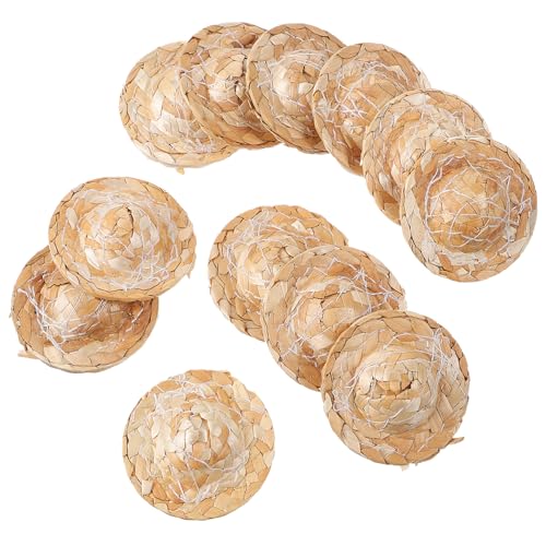 Warmhm 12 Stück Handgefertigte Puppenhüte aus Stroh Weitkrempiger Sonnenhut DIY Material für Puppen Bastelbedarf für Kreative von Warmhm