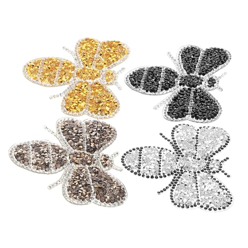 Warmhm 4 Stück Bienen Strass Aufbügelpatches mit Hitze Kleber Patches in Gold Schwarz Silber für Kleidung Schuhe Taschen Einfaches DIY Zubehör Stilvolle Glitzer Applikationen von Warmhm