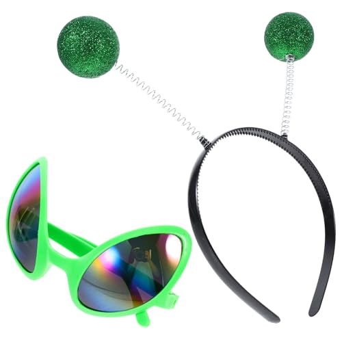 Warmhm Stirnband und Brille Set für Damen Bequemes Kostüm Accessoire mit Grünem Außerirdischen Haarreif und Bunter Brille Stylisch für Halloween Karneval Partys Vielseitiges Foto von Warmhm