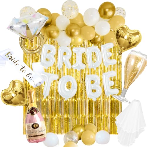 59 Stück Gold Brautdusche Dekorationen Junggesellinnenabschied Dekor mit Bride to Be Banner und Schärpe, Brautschleier, Fransenvorhänge, Konfetti Luftballons Kit von Warmther