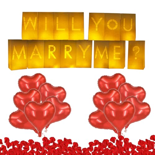 Antragsdekorationen - Will You Marry Me Dekorationen, 15 Papiertüten, 12 Herzballons, 24 flammenlose Kerzen, 1000 Rosenblätter, Leuchttüten Dekorationen für Nacht Valentinstag Verlobungsfeier Antragsdekorationen - Will You Marry Me Dekorationen, 15 Papiertüten, 12 Herzballons, 24 flammenlose Kerzen, 1000 Rosenblätter, Leuchttüten Dekorationen für Nacht Valentinstag Verlobungsfeier von Wasise