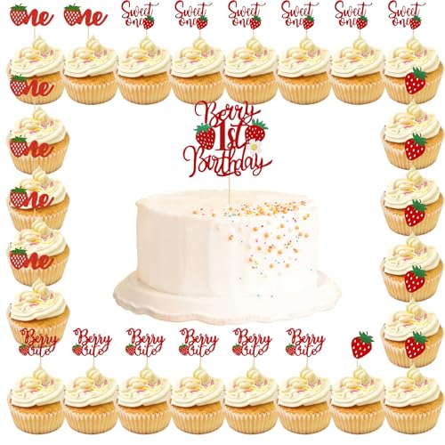 Berry First Birthday – 25 Stück Erdbeer-Kuchendekorationen mit 1 großen und 24 kleinen Kuchenaufsätzen, Erdbeer-Party-Dekorationen, glitzernder Tortenaufsatz für den 1. Geburtstag mit "Sweet One" und Berry First Birthday – 25 Stück Erdbeer-Kuchendekorationen mit 1 großen und 24 kleinen Kuchenaufsätzen, Erdbeer-Party-Dekorationen, glitzernder Tortenaufsatz für den 1. Geburtstag mit "Sweet One" und von Wasise