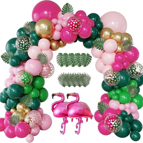 Flamingo-Party-Dekorationen – 152 Stück Flamingo-Ballon-Bogen-Set, hawaiianische Party-Dekorationen, tropische Party-Dekorationsset mit rosa grünen Luftballons, Palmblättern, Folienballons für von Wasise