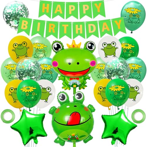 Frosch-Party-Dekorationen – niedliches Frosch-Banner, enthält 18 Luftballons, 2 Frosch-Folienballons, Banner und 2 Stern-Aluminiumfolienballons, Happy Birthday-Banner, Tierthemen-Partyzubehör für Frosch-Party-Dekorationen – niedliches Frosch-Banner, enthält 18 Luftballons, 2 Frosch-Folienballons, Banner und 2 Stern-Aluminiumfolienballons, Happy Birthday-Banner, Tierthemen-Partyzubehör für von Wasise