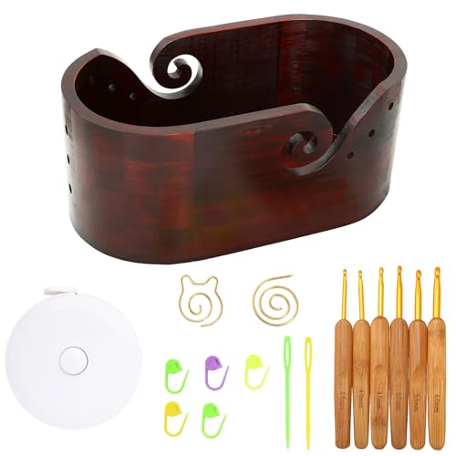 Garnschale – Garnhalter aus Holz mit 6 glatten Häkelschalen, Markierungsschnalle, Nähnadel, goldenes Spiralwebwerkzeug, kleines Maßband, Häkelschalen für Garne, Aufbewahrungsschalen aus Holz für von Wasise