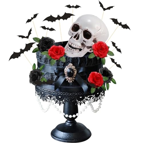 Gothic-Kuchendekorationen – 29-teiliges Gothic-Rosen-Totenkopf-Kuchenaufsatz-Set, Halloween-Kuchenaufsatz-Set mit Totenkopf-Rose, Fledermaus-Geist-Designs, schwarze Kuchendekorationen von Wasise