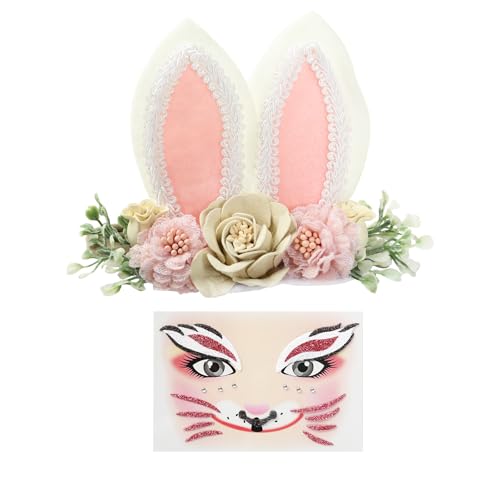 Osterhasenohren - Hasenohren Stirnband mit Gesichtsaufklebern, Baby Mädchen Stirnbänder, Baby Blume Krone, Make-up Gesicht Tattoos, Süßes Blumen Kaninchen Kostüm Set für Osterpartys und Osterhasenohren - Hasenohren Stirnband mit Gesichtsaufklebern, Baby Mädchen Stirnbänder, Baby Blume Krone, Make-up Gesicht Tattoos, Süßes Blumen Kaninchen Kostüm Set für Osterpartys und von Wasise