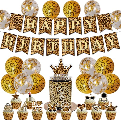Party-Dekorationen mit Leopardenmuster – 30 Stück Wild One Birthday Kit mit Goldfolienballons, Tortenaufsatz und Banner, Jungle Wild und drei Dekorationen, Leopardenmuster Ballons für von Wasise