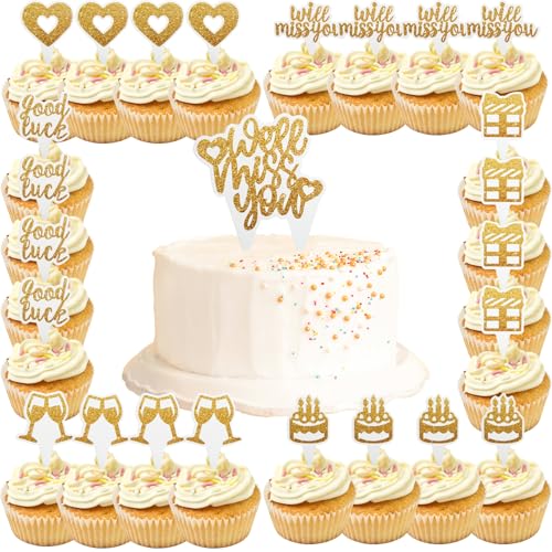 Tortenaufsatz-Set mit Aufschrift "We Will Miss You", 25-teilig, goldfarben, glitzernd, Kucheneinsatz mit Mustern: Geschenk-Box, Liebeskelch, viel Glück wird Sie vermissen, für Jobwechsel Tortenaufsatz-Set mit Aufschrift "We Will Miss You", 25-teilig, goldfarben, glitzernd, Kucheneinsatz mit Mustern: Geschenk-Box, Liebeskelch, viel Glück wird Sie vermissen, für Jobwechsel von Wasise