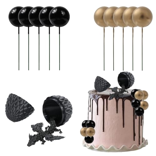 Wasise Drachen-Kuchenaufsatz – 12 Stück Drachen, Geburtstagsparty-Dekorationen, 3D-gedruckte Drake, schwärzliche und goldene Kuchenbälle, schwarzes Baby-Drake-Ei, Drachen-Motto-Party-Dekorationen von Wasise