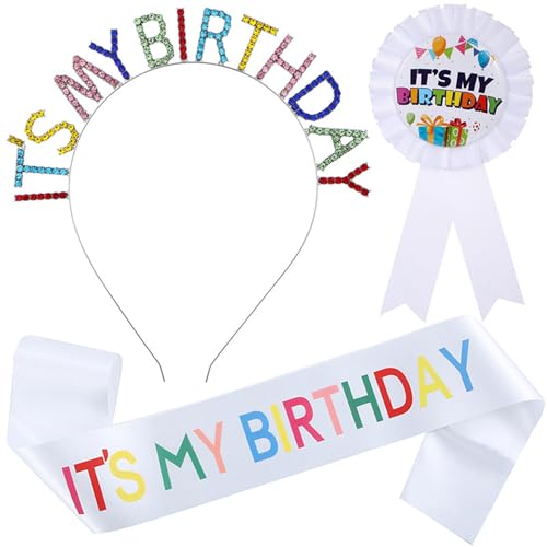 Wasise Haarreif mit Aufschrift "It's My Birthday", glitzerndes Strass-Stirnband, Schärpe und Abzeichen für Damen und Kinder, Geburtstagsparty-Zubehör für Kinder, Mädchen, Dekoration, exquisites Wasise Haarreif mit Aufschrift "It's My Birthday", glitzerndes Strass-Stirnband, Schärpe und Abzeichen für Damen und Kinder, Geburtstagsparty-Zubehör für Kinder, Mädchen, Dekoration, exquisites von Wasise