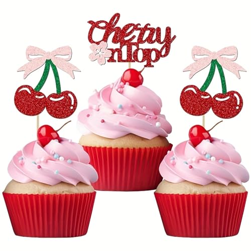 Wasise Kirschkuchendekorationen – 24 Stück Cupcake-Topper, Kirschen Motto-Party-Dekorationen, Babyparty-Kuchenaufsatz, Kirschkuchenaufsatz, Obst-Cupcake-Dekoration, Glitzer-Cupcake-Dekoration Wasise Kirschkuchendekorationen – 24 Stück Cupcake-Topper, Kirschen Motto-Party-Dekorationen, Babyparty-Kuchenaufsatz, Kirschkuchenaufsatz, Obst-Cupcake-Dekoration, Glitzer-Cupcake-Dekoration von Wasise