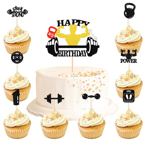 Wasise Kuchendekorationen im Fitnessstudio, 9 Stück, Happy Birthday-Kuchenaufsätze, Bodybuilder-Geschenke, Fitness-Cupcake-Topper, Gewichtheber-Cupcake-Topper, Gewichtheber-Geschenke von Wasise