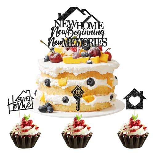 Wasise New Home Cake Toppers – Einweihungsparty-Dekorationen, Willkommens-Süße-Heimdekorationen, Cupcake-Einsatz-Topper, Glückwunsch-Kuchenaufsatz, Schlüsselhaus-Glitzerpapier-Dekoration von Wasise