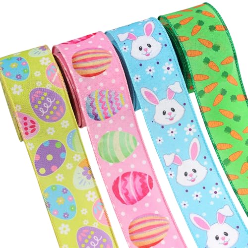 Wasise Osterband – 4 Rollen Osterbänder zum Basteln, 20 Meter buntes Ei-Hasen-Karottenband, DIY-Frühlingsbänder, DIY-Dekoration für Geschenke, Haarschleifen, Nähen, Basteln, Partyzubehör (4 Stile) von Wasise
