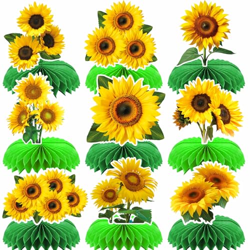 Wasise Sonnenblumen-Geburtstagsdekorationen – 9-teiliges Sonnenblumen-Waben-Dekor-Set, Picknick-Dekorationen, Sonnenthemen-Party-Dekoration, Sonnenaufsätze für Tische, perfekt für von Wasise