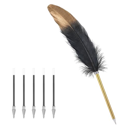 1 Stück Schreibfeder mit 5 Ersatzminen, Goldene Kugelschreiber Kalligraphie Stifte Zeichenfeder Schulbedarf Kalligraphie Feder zum Schreiben Vintage Federkiel Federstift mit Schwarzen Feder 1 Stück Schreibfeder mit 5 Ersatzminen, Goldene Kugelschreiber Kalligraphie Stifte Zeichenfeder Schulbedarf Kalligraphie Feder zum Schreiben Vintage Federkiel Federstift mit Schwarzen Feder von WatDenyFine
