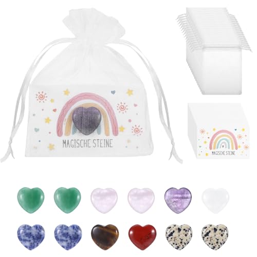 12 Sets Herzförmige Glückssteine für Kinder, Mitgebsel Edelsteine für Kinder Geschenktüten Mitgebsel Kindergeburtstag Gastgeschenke zur Kommunion Geburtstag Mitbringsel mit Herz Steine, Karte, Tüten von WatDenyFine