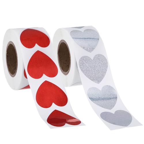 2 Rollen Herz Sticker Selbstklebend, 1000 Stück Herzaufkleber Aufkleber zum Beschriften Sticker Liebe Herzen Herzsticker Herz Aufnäher Aufkleber für Scrapbooking Handarbeiten Geburtstag Rot und Silber von WatDenyFine