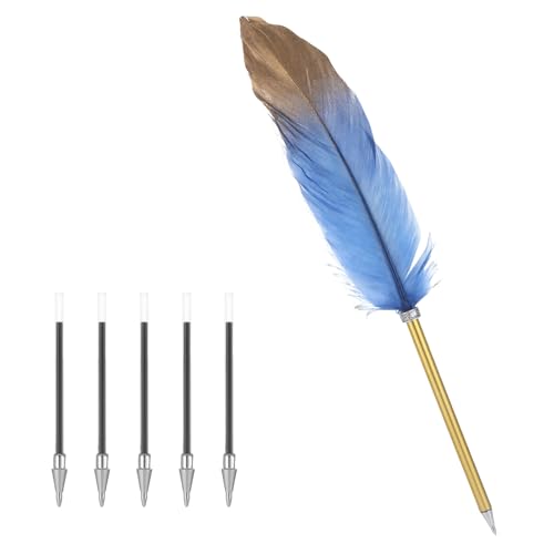 WatDenyFine 1 Stück Schreibfeder mit 5 Ersatzminen, Goldene Kugelschreiber Kalligraphie Stifte Zeichenfeder Schulbedarf Kalligraphie Feder zum Schreiben Vintage Federkiel Federstift mit Blauen Feder WatDenyFine 1 Stück Schreibfeder mit 5 Ersatzminen, Goldene Kugelschreiber Kalligraphie Stifte Zeichenfeder Schulbedarf Kalligraphie Feder zum Schreiben Vintage Federkiel Federstift mit Blauen Feder von WatDenyFine