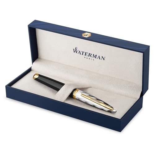 Waterman Carene Füller | Metall und schwarzer Lack mit goldenen Zierteilen, ziselisierte Kappe | Füllfederhalter mit feiner 18 kt Goldfeder | Geschenkbox von Waterman