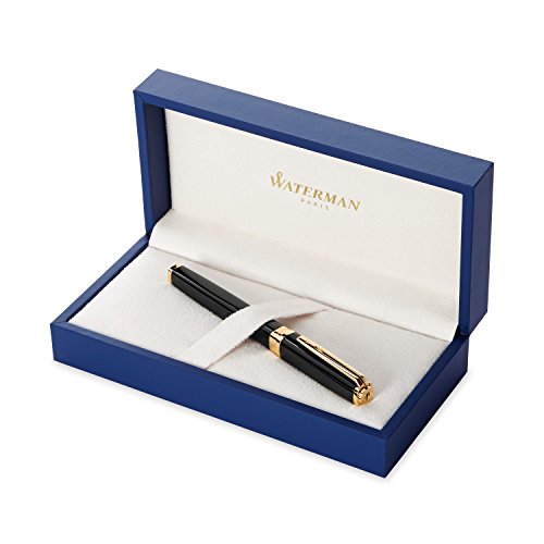 Waterman Exception Fountain Pen, Slim Black with 23k Gold Clip, Fine Nib with Blue Ink Cartridge, Gift Box von Waterman