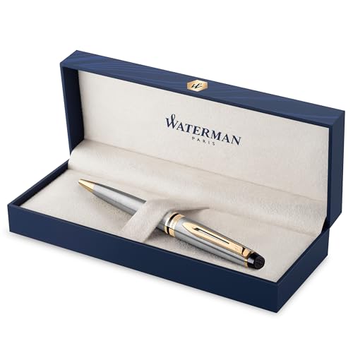 Waterman Expert Kugelschreiber | Edelstahl mit Zierteile aus 23 K Gold | Mittlere Spitze | Blaue Tinte | Geschenkbox von Waterman