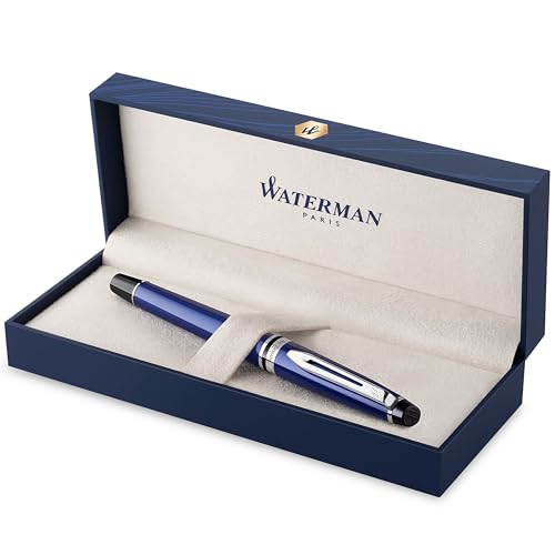 Waterman Expert Tintenroller | blau mit Chromzierteilen| feine Spitze | Schwarz | Geschenkbox von Waterman