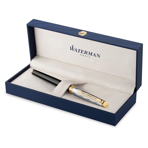 Waterman Hémisphère Füller, Metall und schwarzer Lack mit goldenen Zierteilen, ziselisierte Kappe | Füllfederhalter aus Edelstahl mit Goldüberzug und mittlerer Feder | Geschenkbox Waterman Hémisphère Füller, Metall und schwarzer Lack mit goldenen Zierteilen, ziselisierte Kappe | Füllfederhalter aus Edelstahl mit Goldüberzug und mittlerer Feder | Geschenkbox von Waterman
